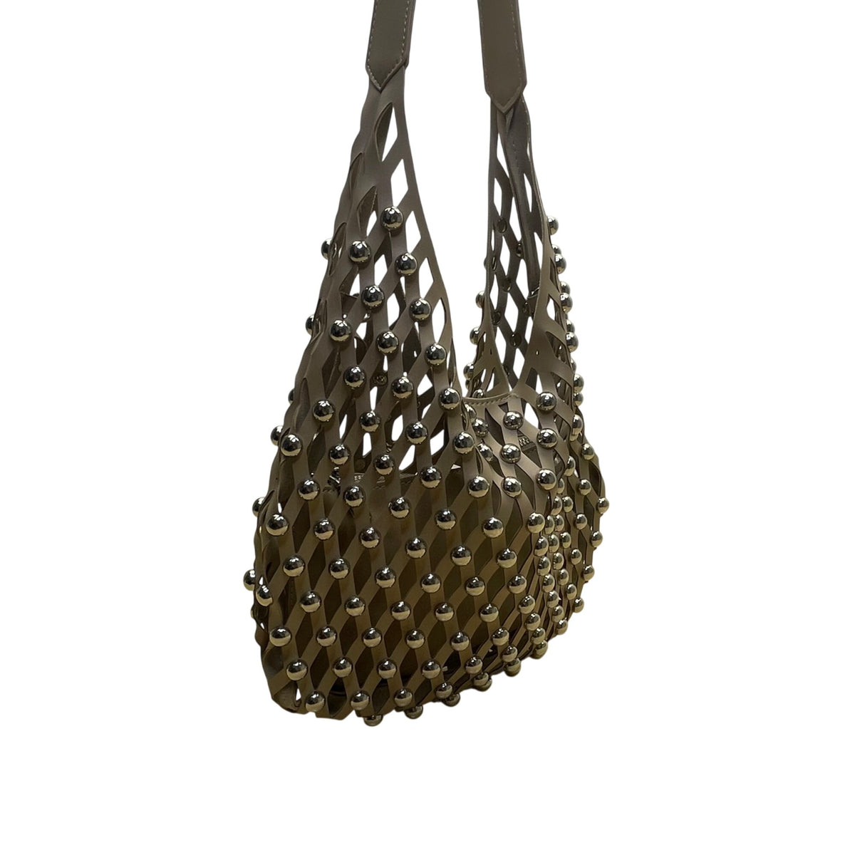 Studded Taupe Brown Faux Leather Shoulder Bag With Open Lattice Style Size M