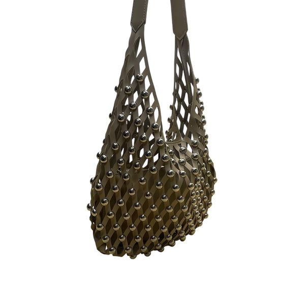 Studded Taupe Brown Faux Leather Shoulder Bag With Open Lattice Style Size M