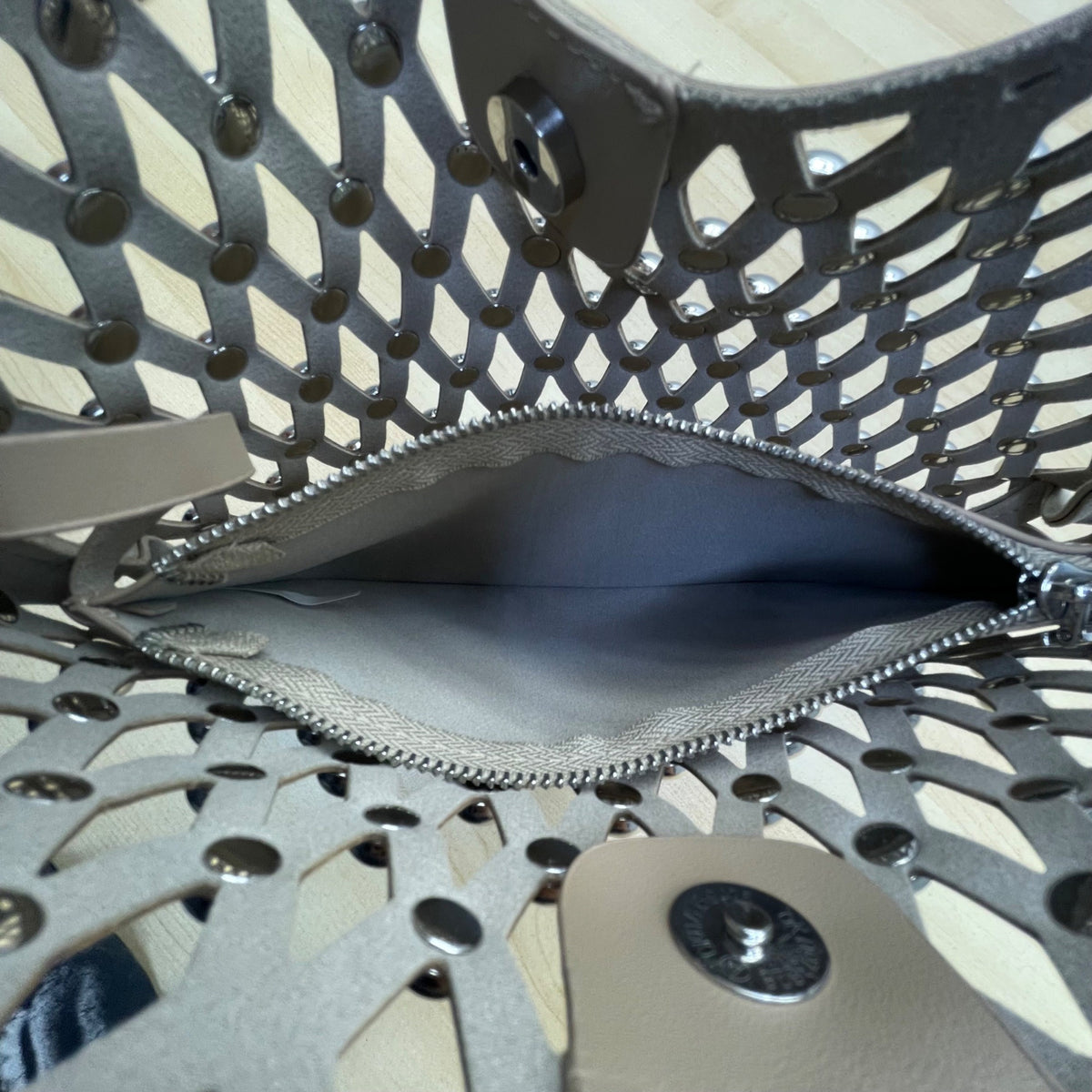 Studded Taupe Brown Faux Leather Shoulder Bag With Open Lattice Style Size M