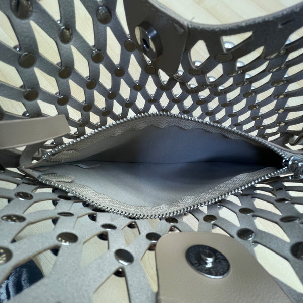 Studded Taupe Brown Faux Leather Shoulder Bag With Open Lattice Style Size M