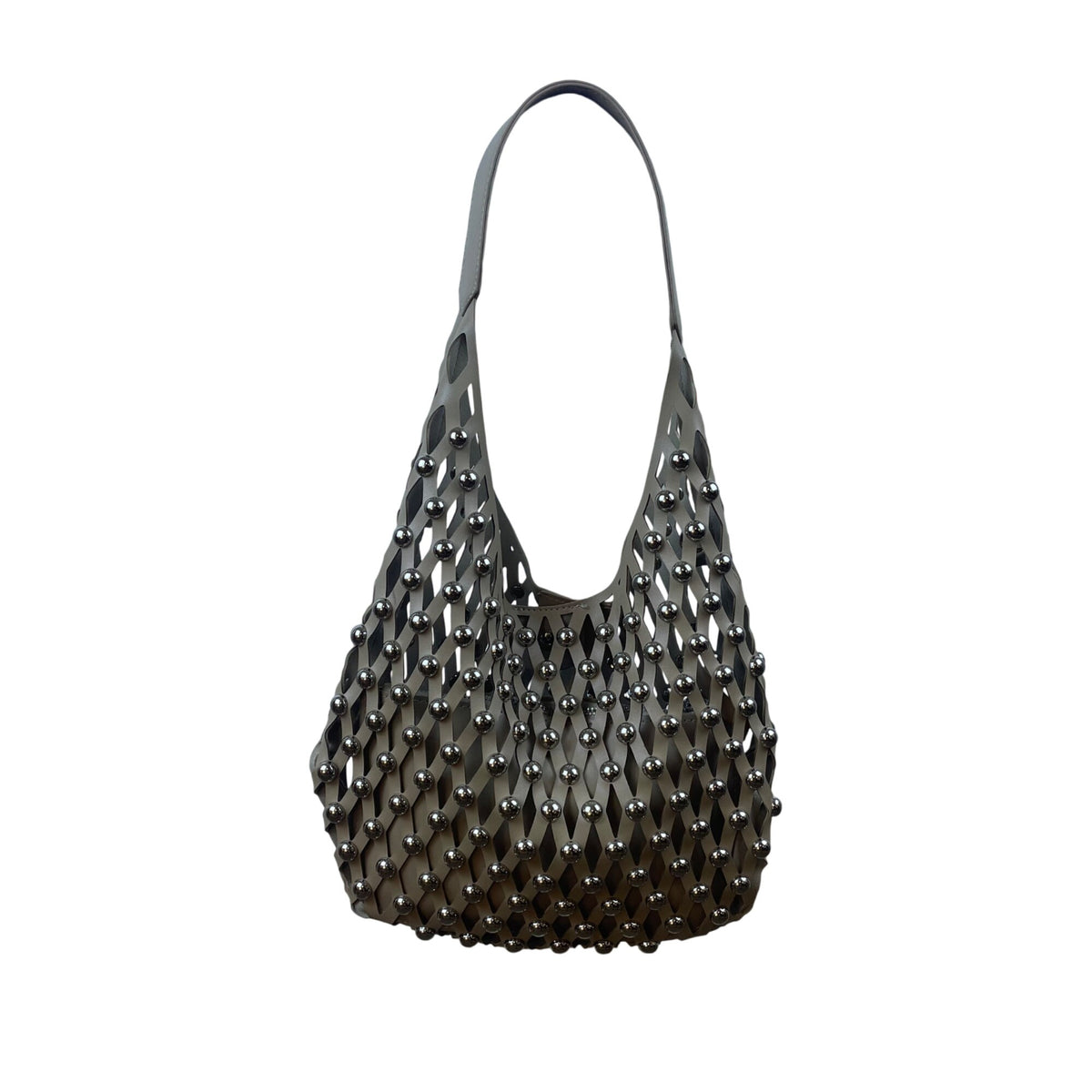 Studded Taupe Brown Faux Leather Shoulder Bag With Open Lattice Style Size M