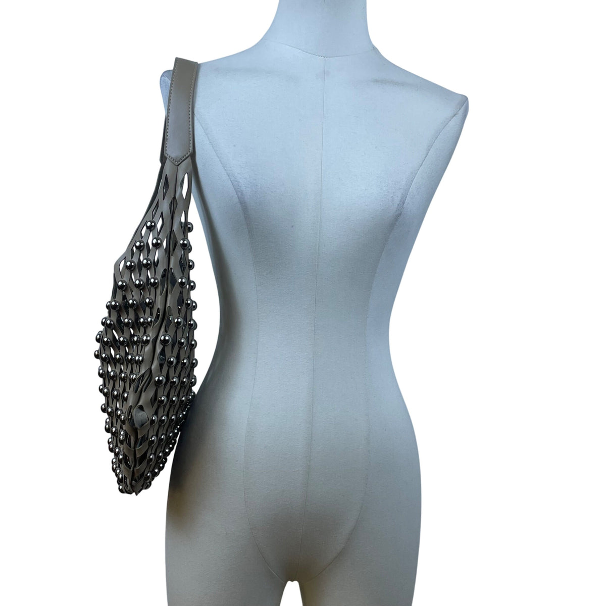 Studded Taupe Brown Faux Leather Shoulder Bag With Open Lattice Style Size M