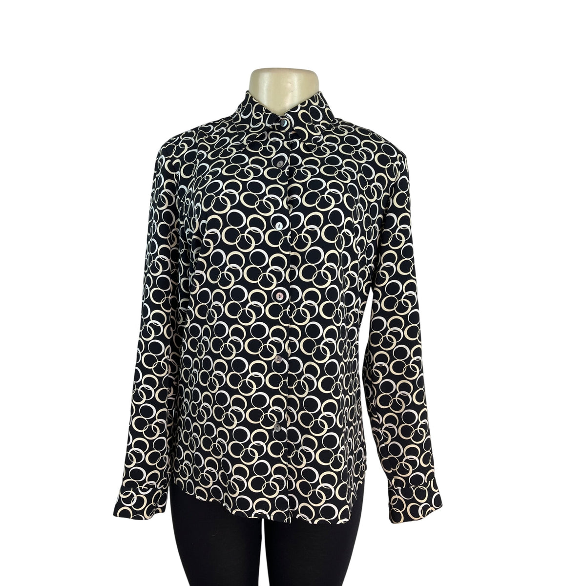 Meg Allen Black & White Circle Print Button-Up Blouse Long Sleeves Shirt Size M
