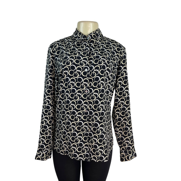 Meg Allen Black & White Circle Print Button-Up Blouse Long Sleeves Shirt Size M