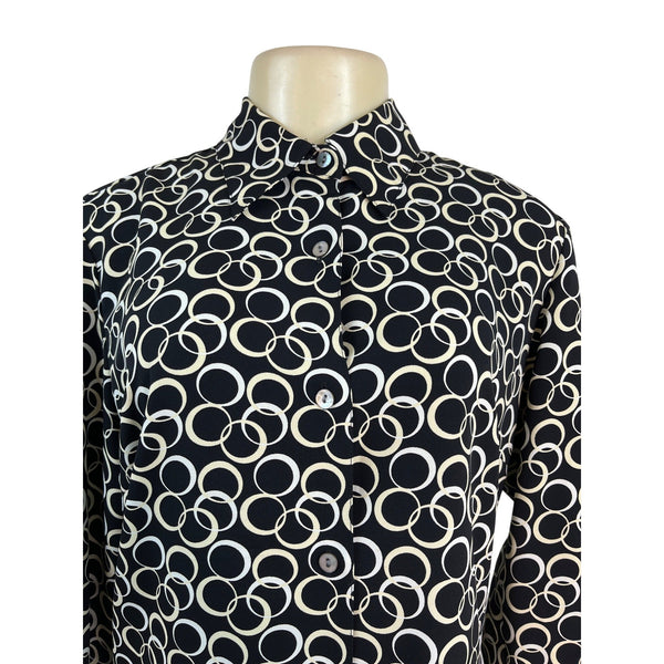 Meg Allen Black & White Circle Print Button-Up Blouse Long Sleeves Shirt Size M