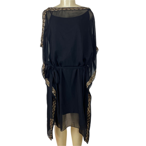 Aidan Mattox Black & Gold Shear Cold Shoulder Embellished Trim Dress Size 18W
