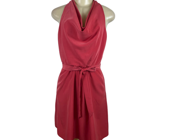 Ann Taylor Red Halter Neck Sleeveless Dress With Belt Tie Back Pleated Sz 2