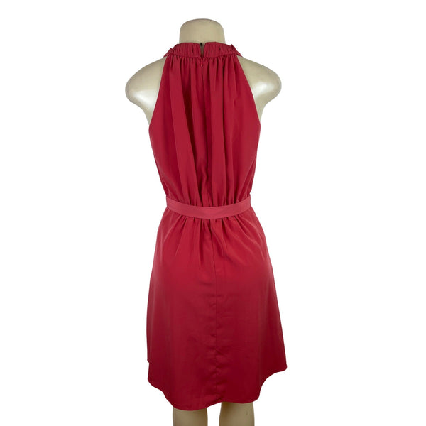 Ann Taylor Red Halter Neck Sleeveless Dress With Belt Tie Back Pleated Sz 2