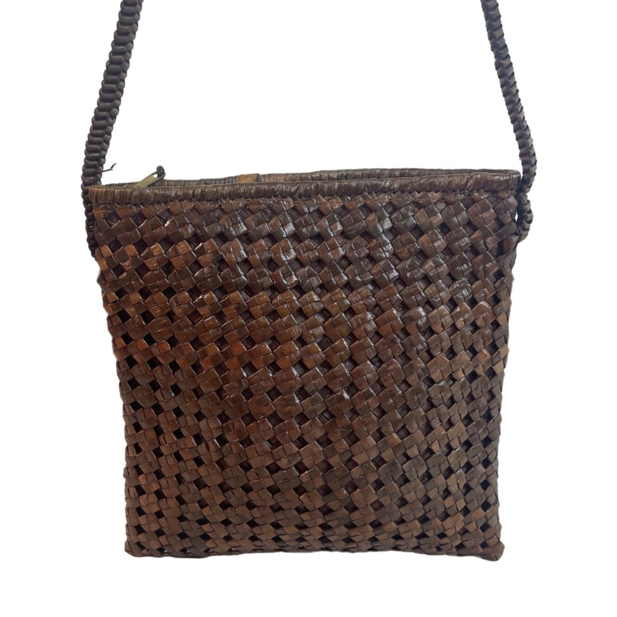 Handcrafted Women's Brown Woven Rattan Square Shoulder Bag Sz M