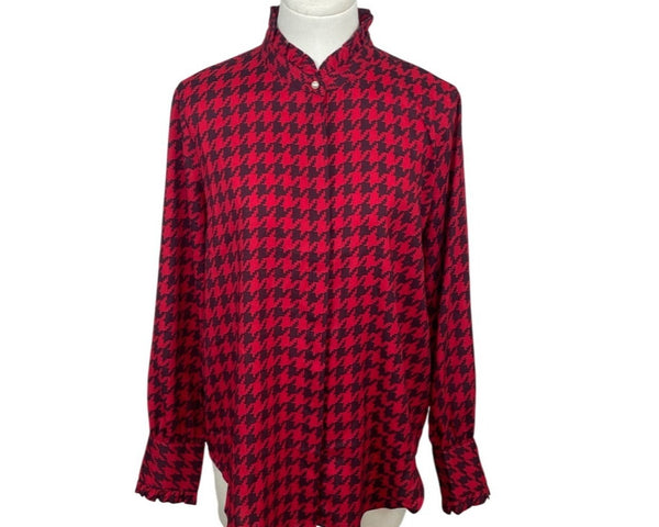 Ann Taylor Red & Black Houndstooth Pearl Details Womens Button-Up Shirt Sz S