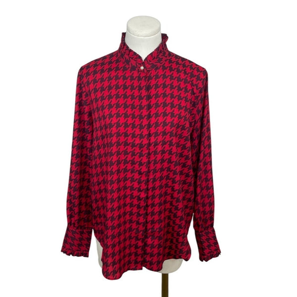 Ann Taylor Red & Black Houndstooth Pearl Details Womens Button-Up Shirt Sz S
