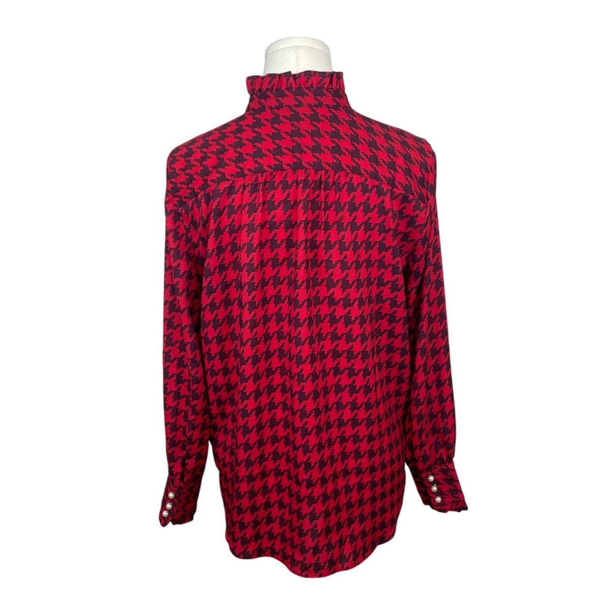 Ann Taylor Red & Black Houndstooth Pearl Details Womens Button-Up Shirt Sz S
