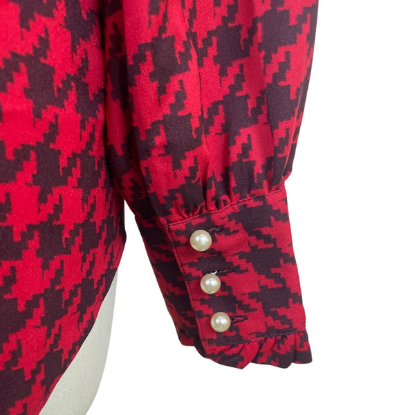 Ann Taylor Red & Black Houndstooth Pearl Details Womens Button-Up Shirt Sz S