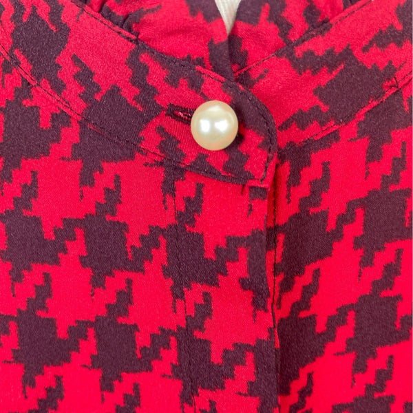 Ann Taylor Red & Black Houndstooth Pearl Details Womens Button-Up Shirt Sz S