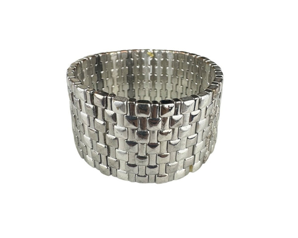 Wide Silver-Tone Vintage Metal Bracelet Woven Design Statement Piece Antique Jewelry