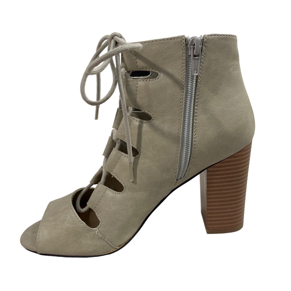 Mix No.6 Women's Grey Taupe Side Zip Closure Lace Up Patty Heels Sz 8 - NWB