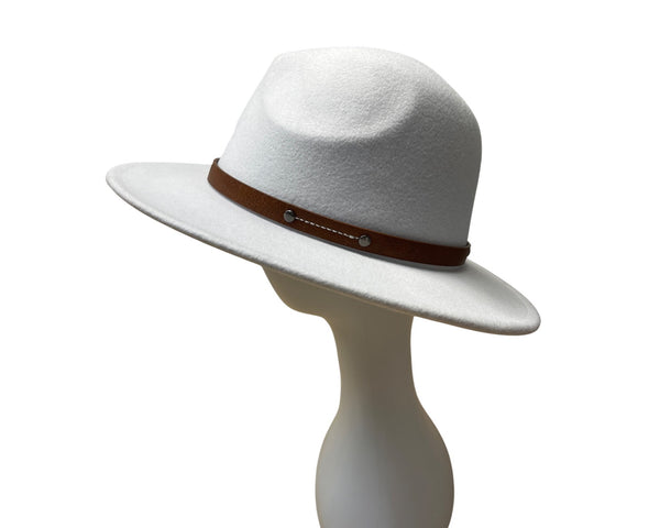 White Wool Hat With Brown Faux Leather Band Size 57