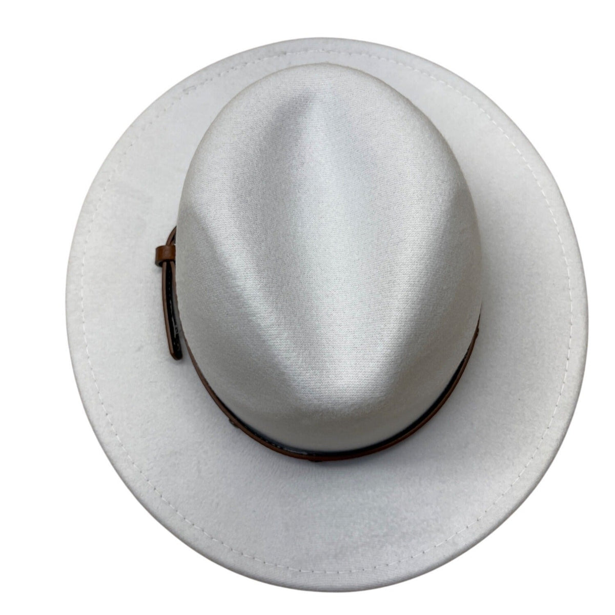 White Wool Hat With Brown Faux Leather Band Size 57