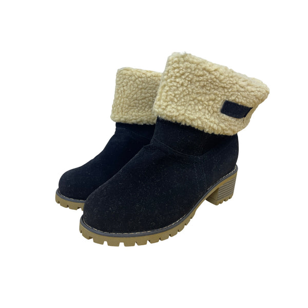 Womens Black Faux Suede Ankle Boots Warm Sherpa Lining & Lug Sole Size 40 Durable Winter