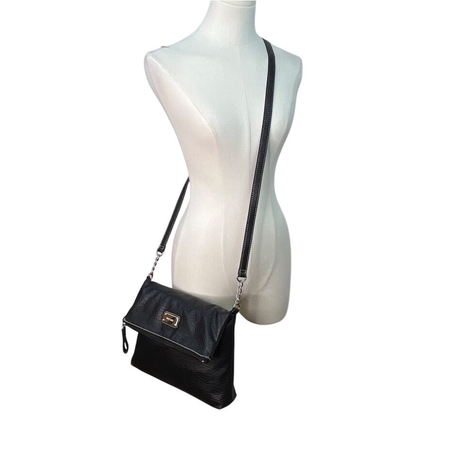 Nine West Black Faux Leather With Chain Strap & Metal Logo Plate Crossbody Bag