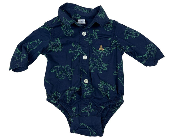 Baby GAP Navy Dinosaur Print Bodysuit With Long Sleeves & Button Front Sz 0-3M