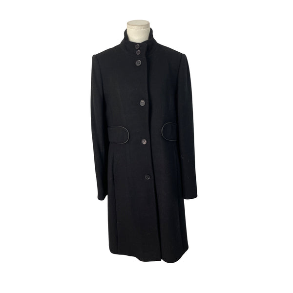 Via Spiga Black Wool Blend Women's Long Coat With Chevron Print Lining Size 10