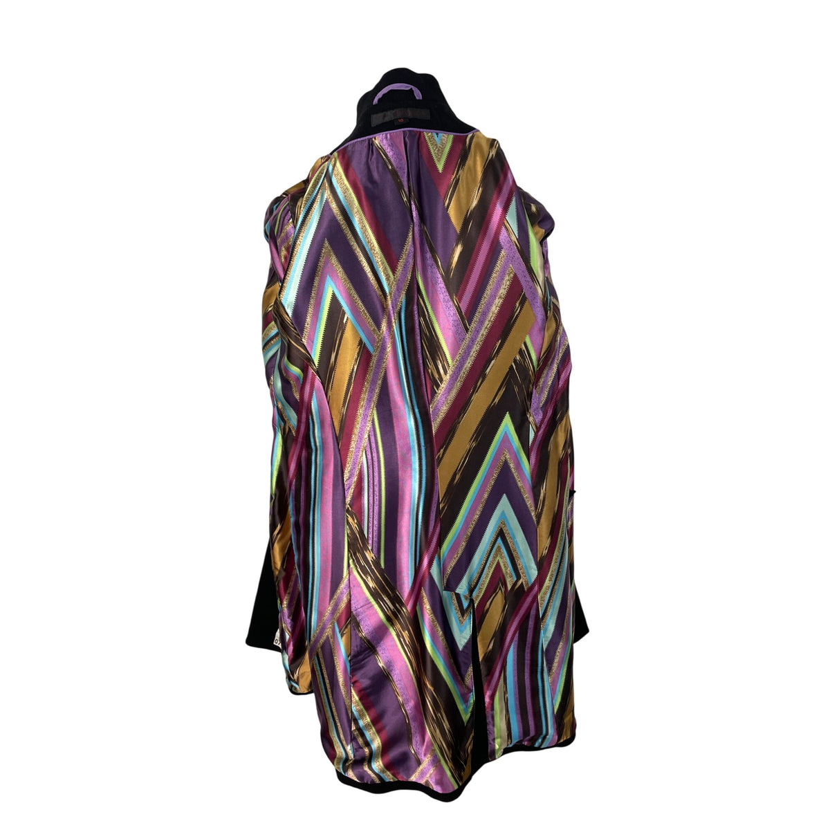 Via Spiga Black Wool Blend Women's Long Coat With Chevron Print Lining Size 10