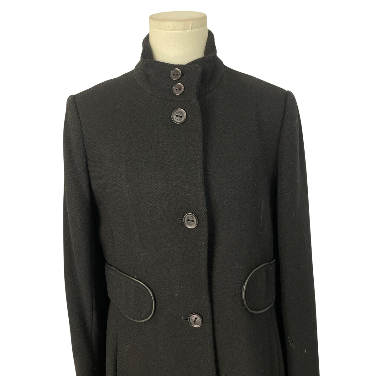 Via Spiga Black Wool Blend Women's Long Coat With Chevron Print Lining Size 10