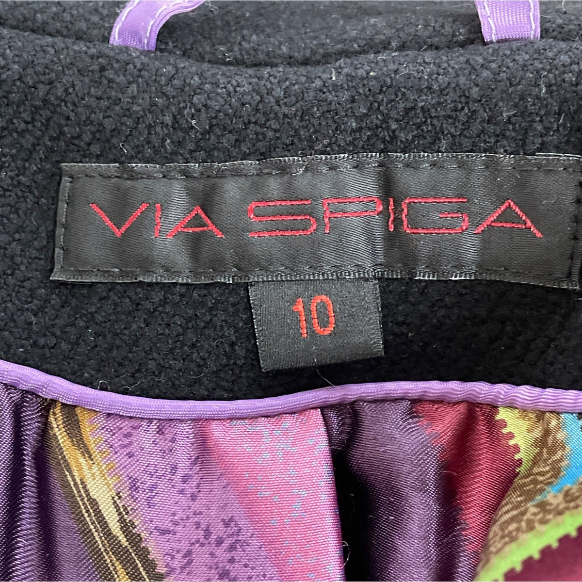 Via Spiga Black Wool Blend Women's Long Coat With Chevron Print Lining Size 10