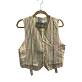 Multicolor Striped Women’s Linen Blend Button-Up Vest Adjustable Back Tie M Size