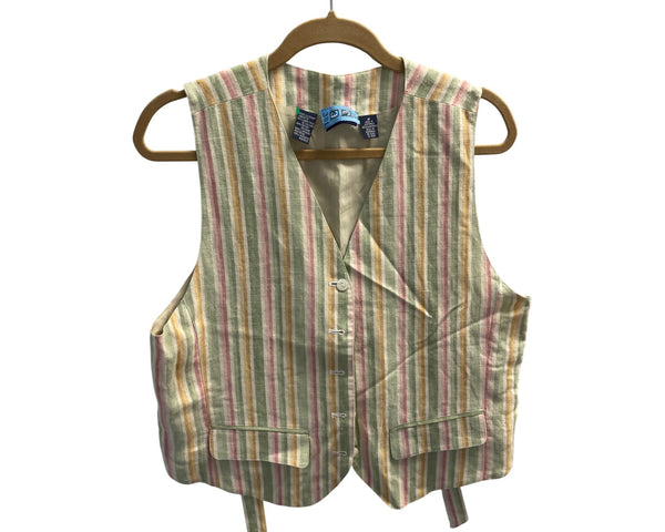 Multicolor Striped Women’s Linen Blend Button-Up Vest Adjustable Back Tie M Size