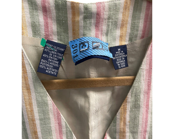 Multicolor Striped Women’s Linen Blend Button-Up Vest Adjustable Back Tie M Size
