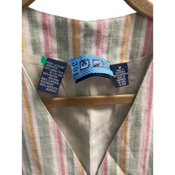 Multicolor Striped Women’s Linen Blend Button-Up Vest Adjustable Back Tie M Size
