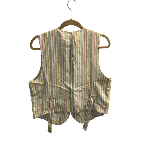 Multicolor Striped Women’s Linen Blend Button-Up Vest Adjustable Back Tie M Size