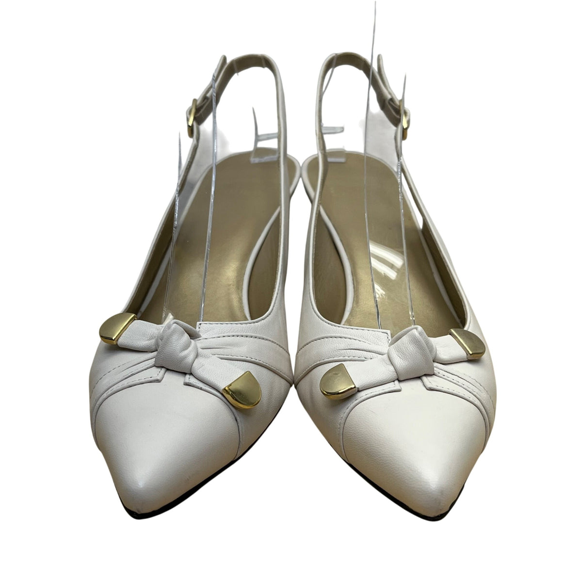 Stuart Weitzman Women’s White Leather Gold Tips Slingback Kitten Heels Size 8.5N