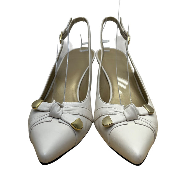 Stuart Weitzman Women’s White Leather Gold Tips Slingback Kitten Heels Size 8.5N
