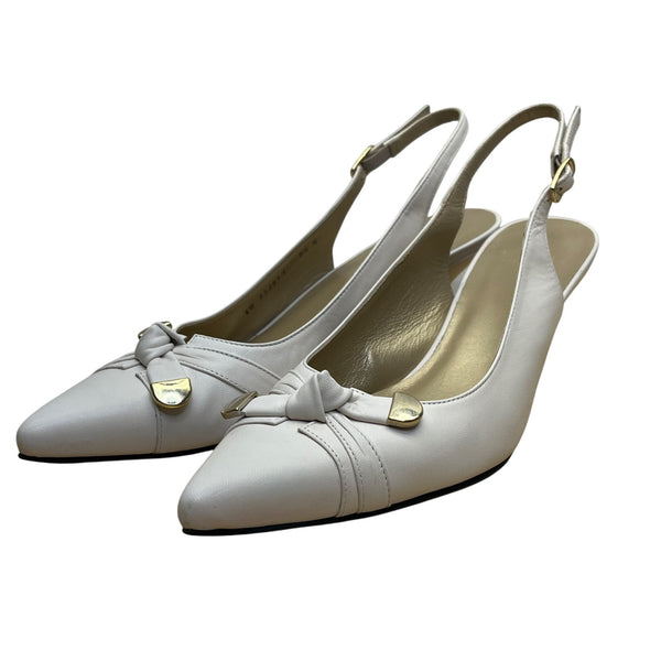 Stuart Weitzman Women’s White Leather Gold Tips Slingback Kitten Heels Size 8.5N