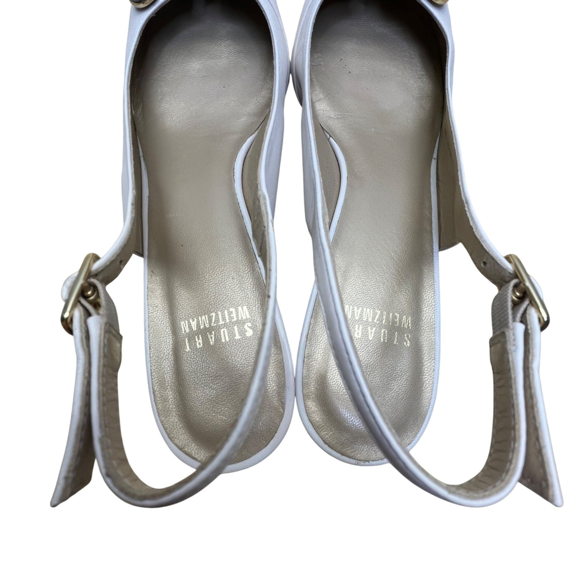 Stuart Weitzman Women’s White Leather Gold Tips Slingback Kitten Heels Size 8.5N