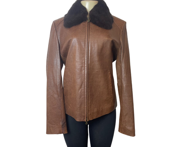 R&O Brand Women's Brown Faux Croc Leather Jacket With Faux Fur Collar