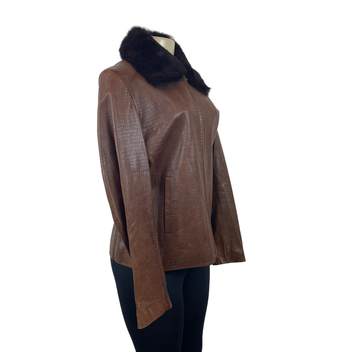 R&O Brand Women's Brown Faux Croc Leather Jacket With Faux Fur Collar
