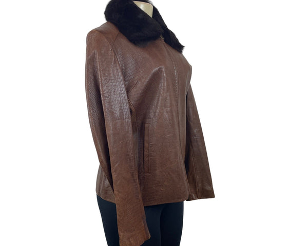 R&O Brand Women's Brown Faux Croc Leather Jacket With Faux Fur Collar