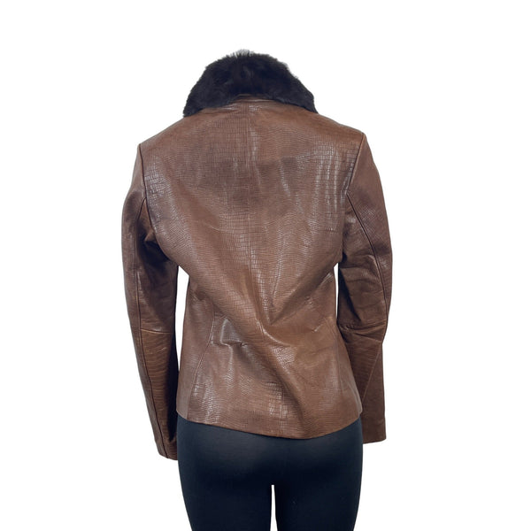 R&O Brand Women's Brown Faux Croc Leather Jacket With Faux Fur Collar