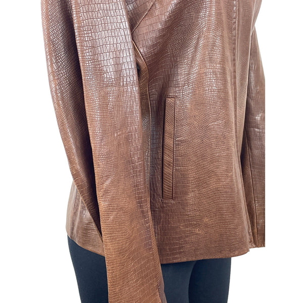 R&O Brand Women's Brown Faux Croc Leather Jacket With Faux Fur Collar