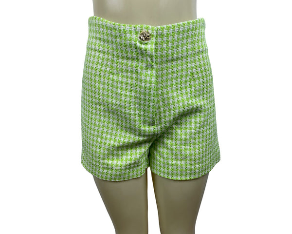 Zara Womens Green & White Houndstooth High-Waisted Tweed Shorts Size M