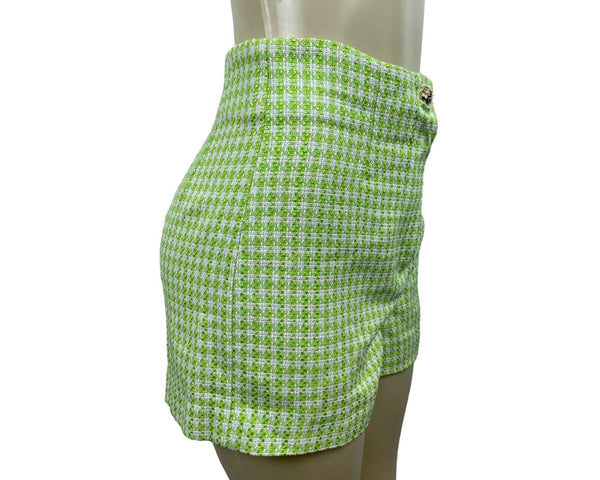 Zara Womens Green & White Houndstooth High-Waisted Tweed Shorts Size M