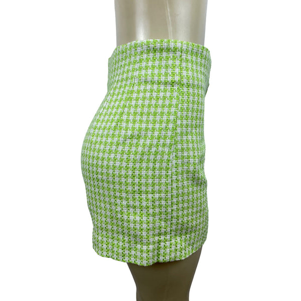 Zara Womens Green & White Houndstooth High-Waisted Tweed Shorts Size M