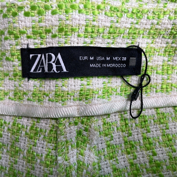 Zara Womens Green & White Houndstooth High-Waisted Tweed Shorts Size M