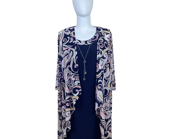 R&M Richards Womens Navy & Paisley 2-Piece Dress Set With Necklace Sz 18W - New
