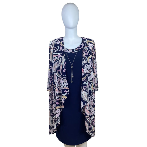 R&M Richards Womens Navy & Paisley 2-Piece Dress Set With Necklace Sz 18W - New