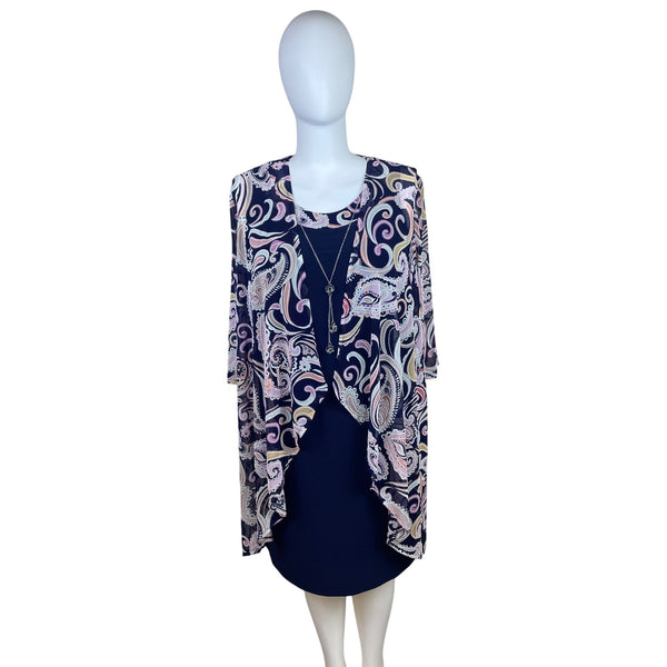 R&M Richards Womens Navy & Paisley 2-Piece Dress Set With Necklace Sz 18W - New